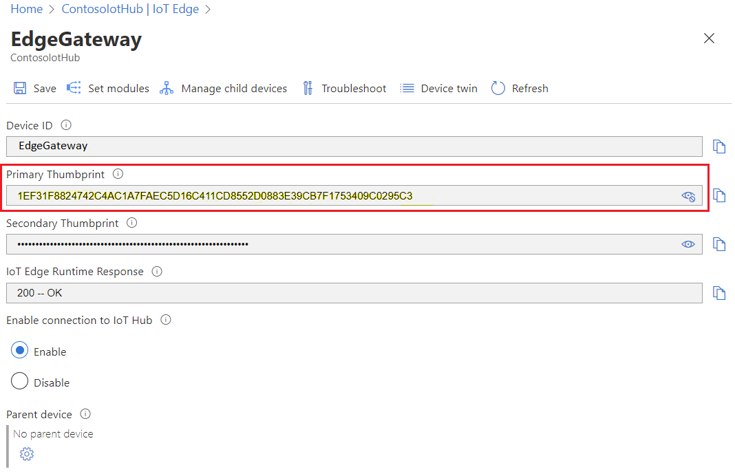 Screenshot from Azure portal of EdgeGateway device's thumbprint in ContosoIotHub.