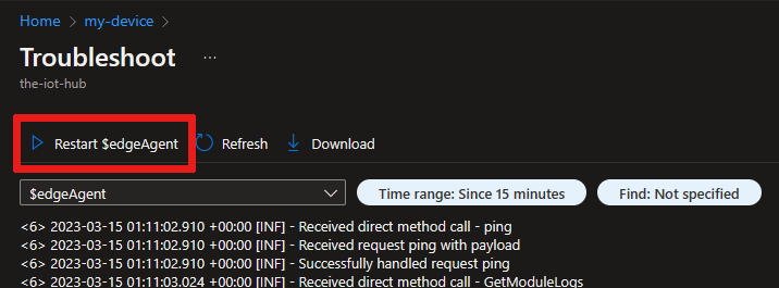 Screenshot that shows how to restart a module from the Troubleshoot page.
