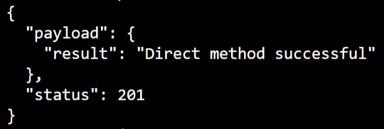 Screenshot of an Azure Cloud Shell window displaying the status code and payload of an invoked direct method.