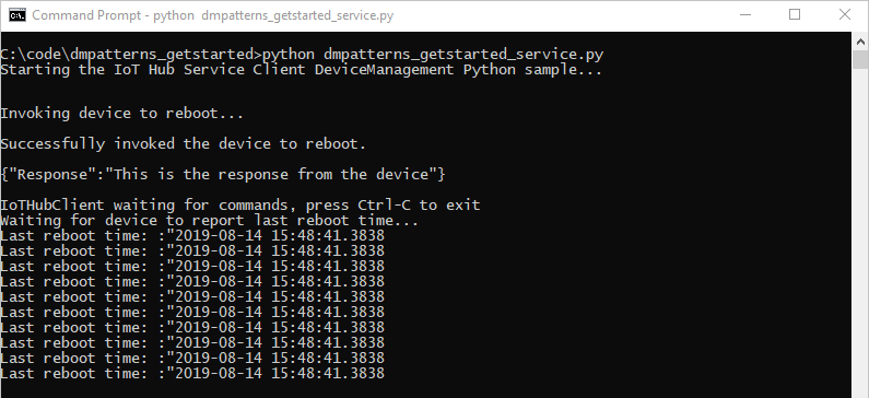 Screenshot that shows the output of the service app after sending reboot direct method.