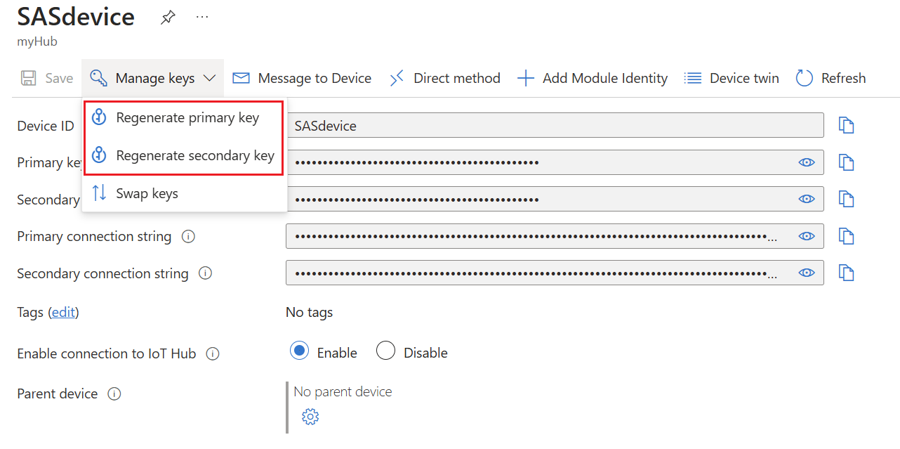 Screenshot that shows the regenerate key options on a device details page in the Azure portal.