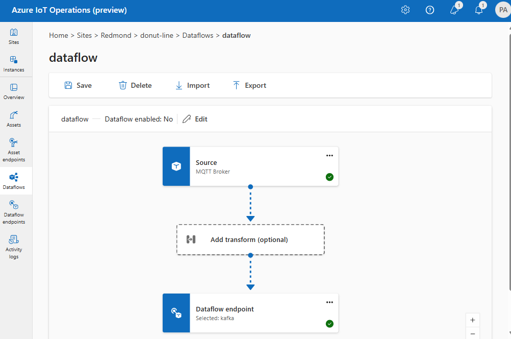 Screenshot using operations experience to create a dataflow from MQTT to Kafka.