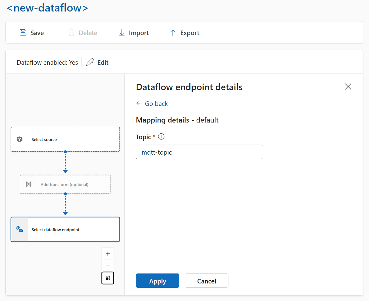 Screenshot showing the operations experience prompting the user to enter an MQTT topic given the endpoint type.