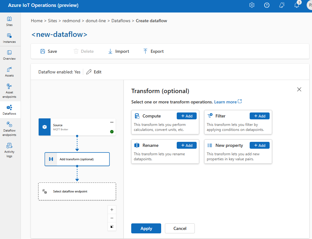 Screenshot using operations experience to add a transform to a dataflow.