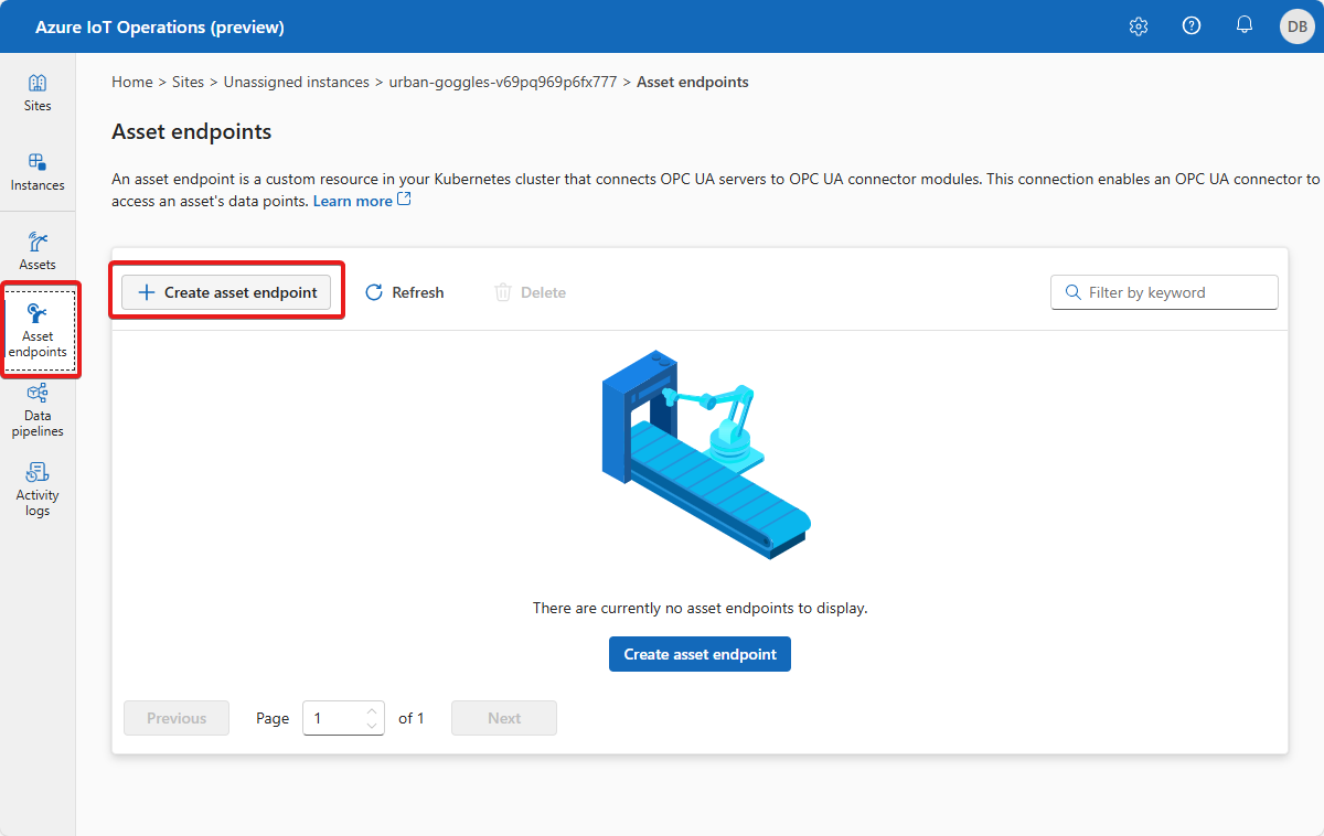 Screenshot that shows the asset endpoints page in the operations experience.