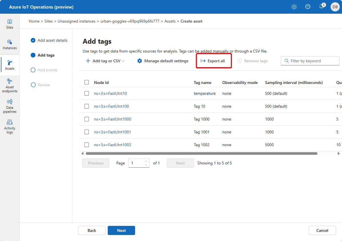 A screenshot that shows how to export tag definitions from an asset in the operations experience.