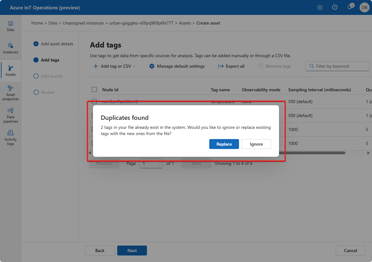 A screenshot that shows the error message when you import duplicate tag definitions in the operations experience.