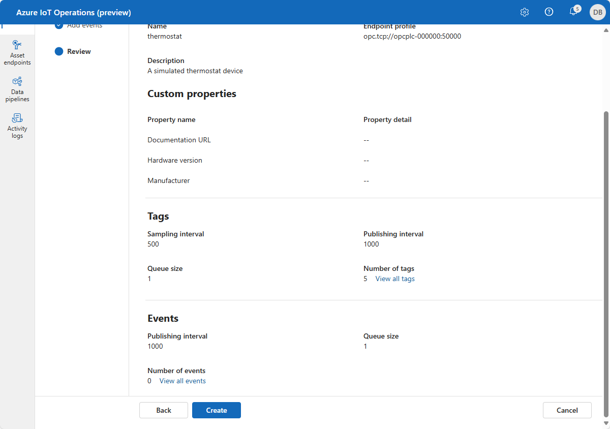 A screenshot that shows how to review your asset, tags, and events in the operations experience.