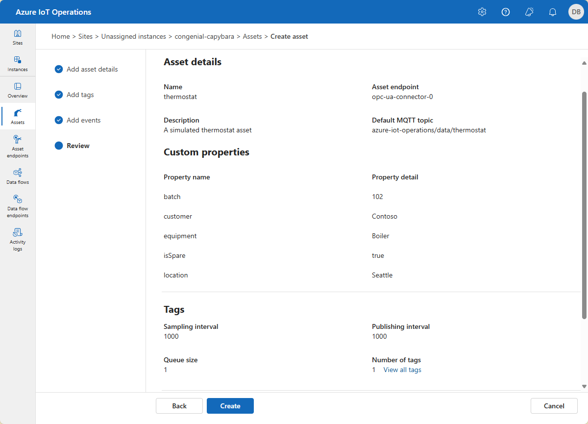 Screenshot of Azure IoT Operations create asset review page.