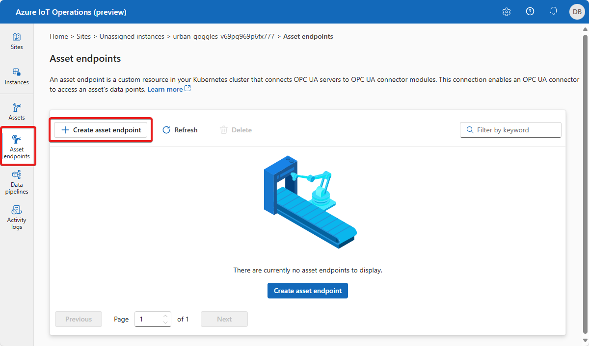 Screenshot that shows the asset endpoints page in the operations experience.