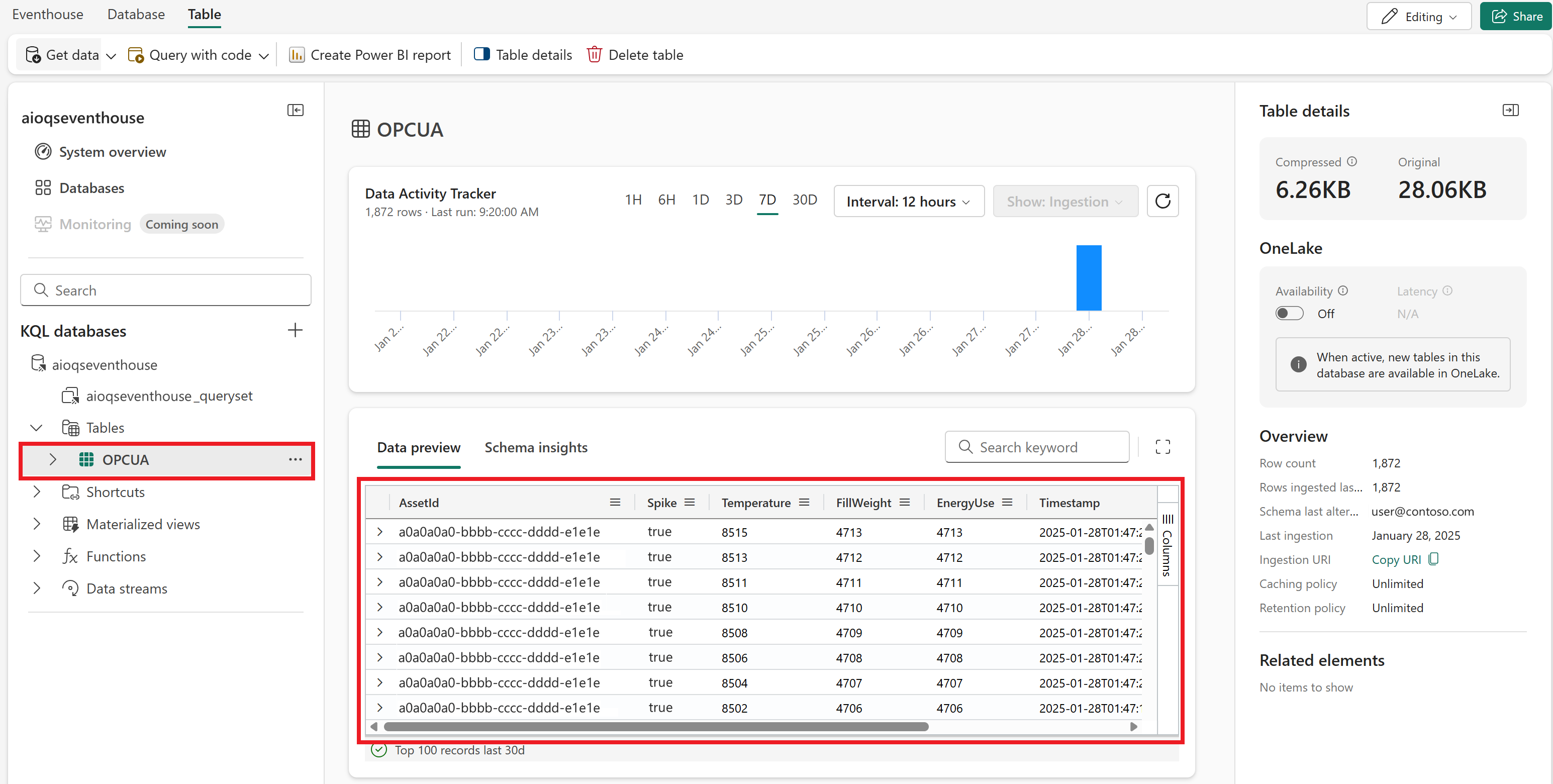 Screenshot of the OPCUA table with data.