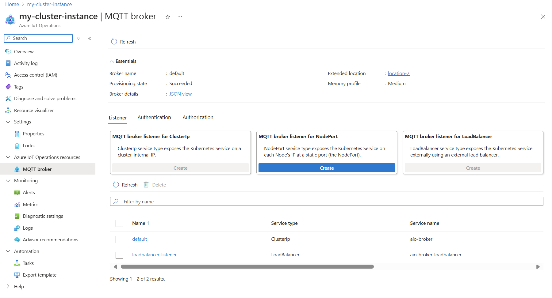 Screenshot that shows using the Azure portal to view Azure IoT Operations MQTT configuration.