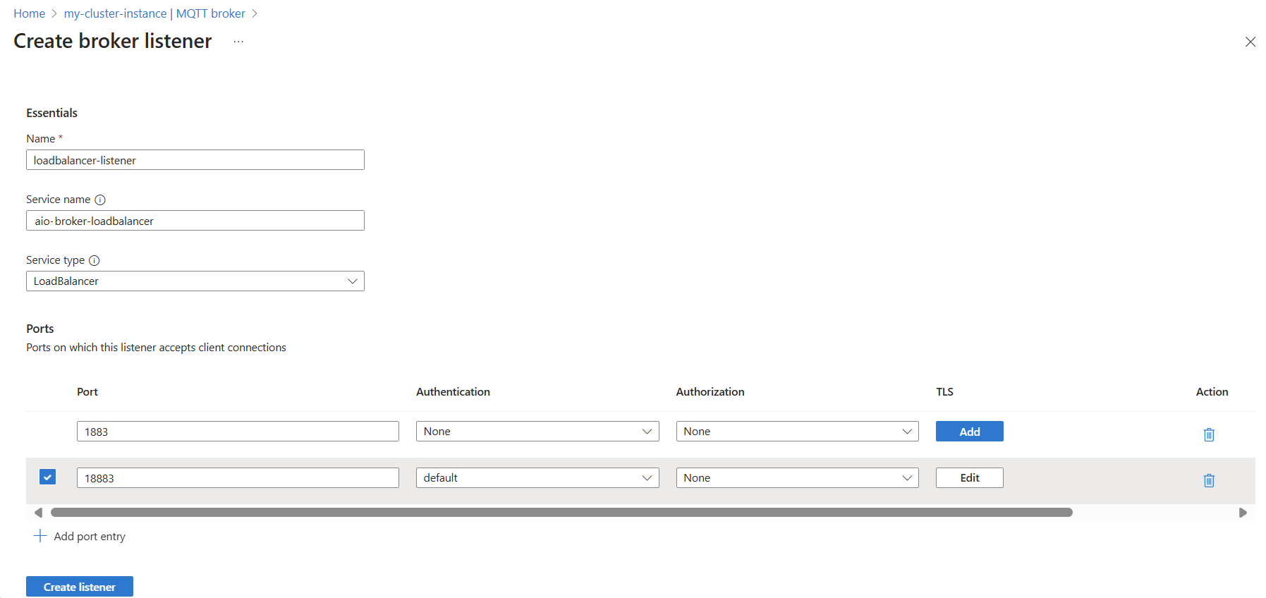 Screenshot that shows using the Azure portal to create an MQTT broker for load balancer listener.