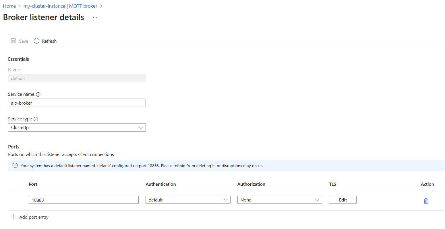 Screenshot that shows using the Azure portal to view or edit the default broker listener.