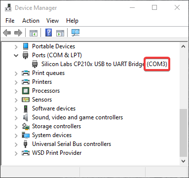 Screenshot of Windows Device Manager displaying COM port for a connected device.