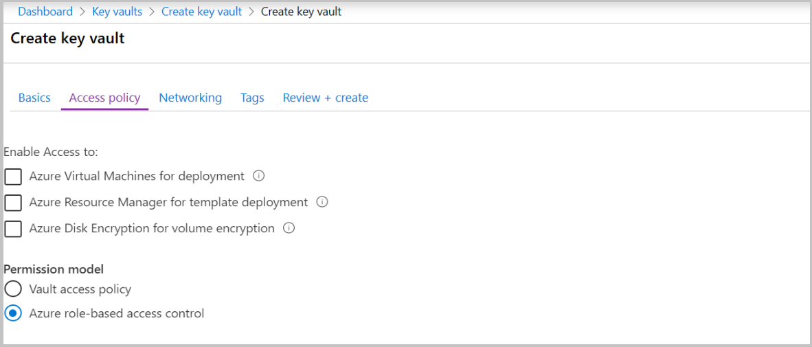 Screenshot of new Key Vault settings with RBAC permissions.