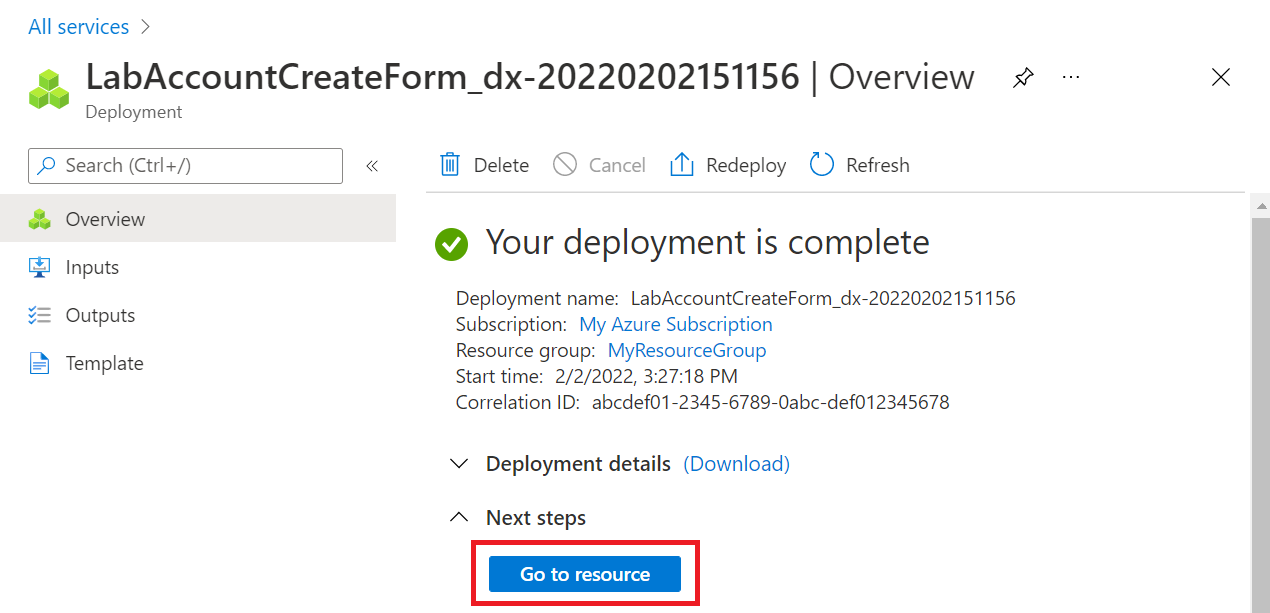 Screenshot that shows the deploy resource page for the lab account. The Go to resource button is highlighted.