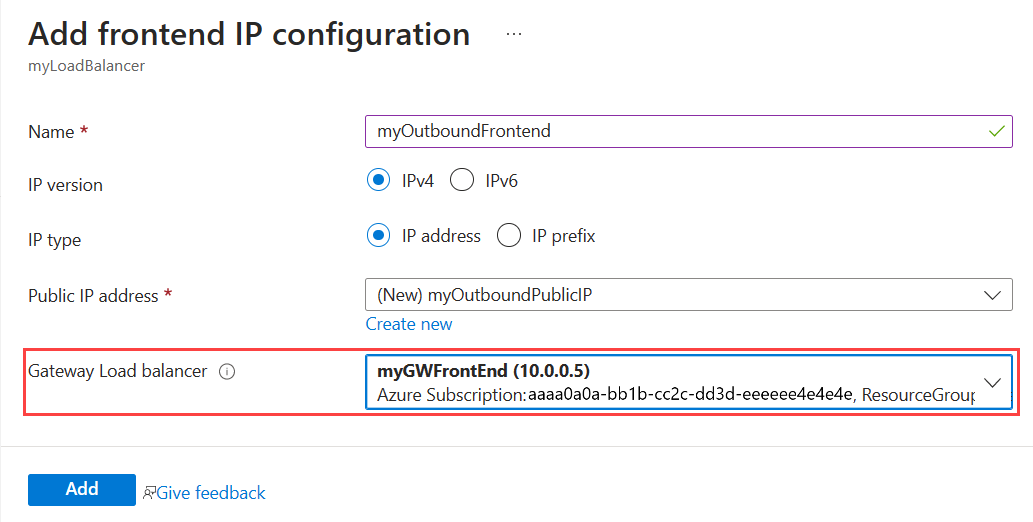 Screenshot of Add frontend ip configuration screen.