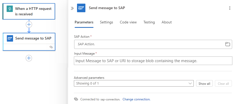 Screenshot shows Consumption workflow with SAP managed connector action named Send message to SAP.