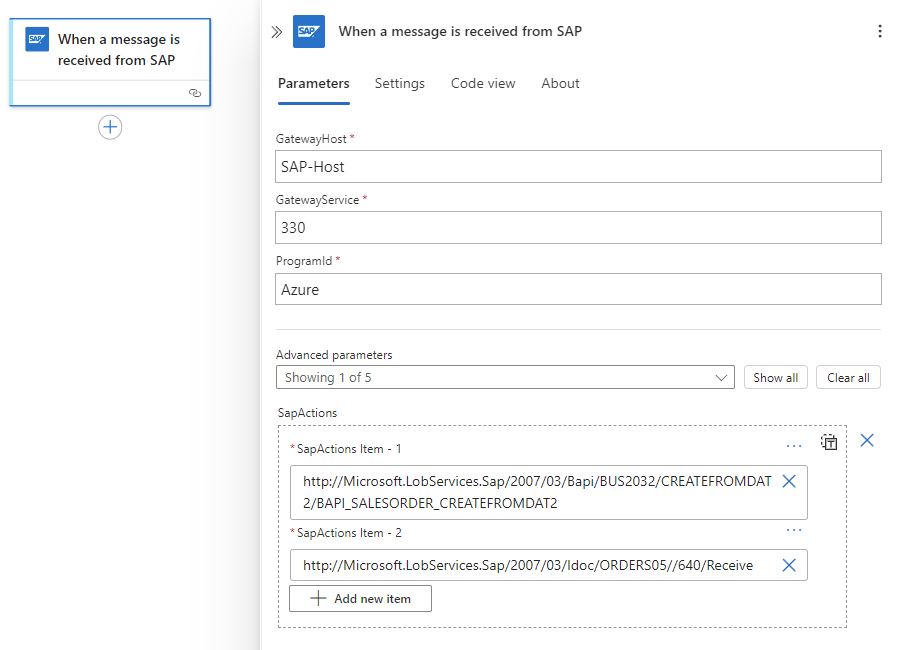 Screenshot shows workflow and SAP managed connector trigger that receives multiple messages.