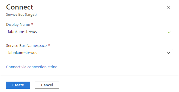 Screenshot showing "Connect" pane with the specified connection display name and the Service Bus namespace selected.