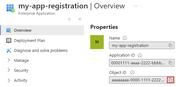 Screenshot shows app registration with selected object ID.