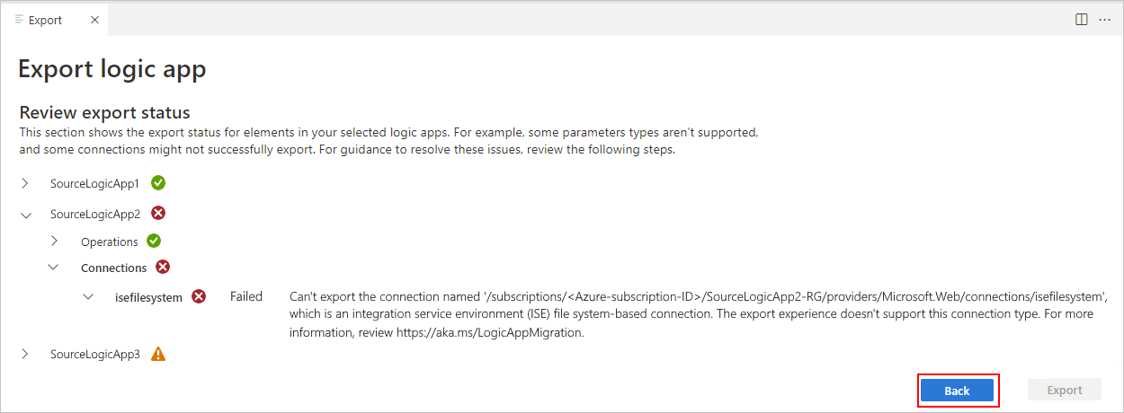 Screenshot showing 'Review export status' section and validation status for logic app workflow with error.