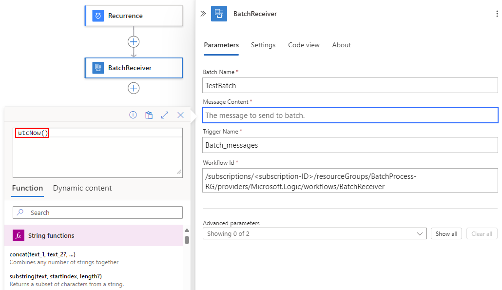 Screenshot shows Consumption workflow, batch sender action pane, Message Content box with cursor, expression editor with utcNow function, and other details.