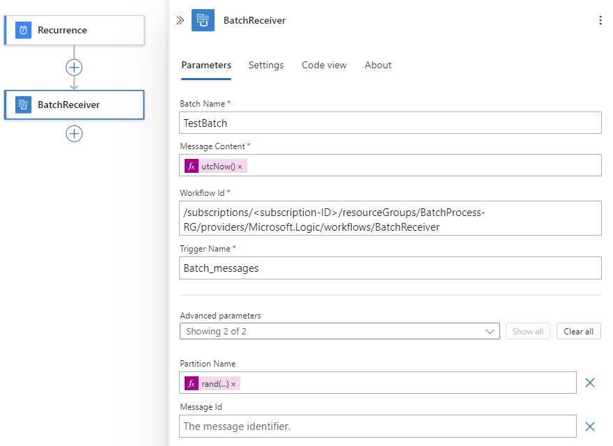 Screenshot shows finished batch sender Consumption logic app workflow.