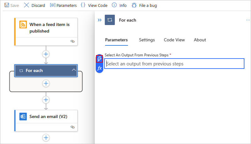 Screenshot shows Azure portal, Standard workflow designer, action named For each, and selected lightning icon.