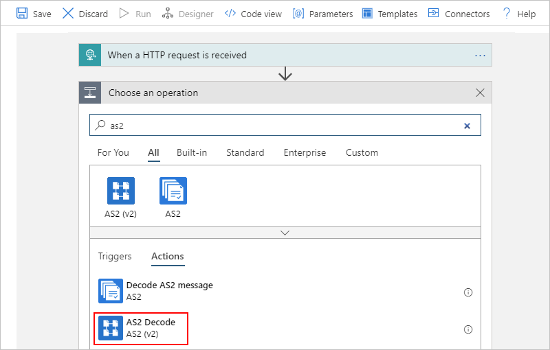 Screenshot showing multi-tenant designer with the "AS2 Decode" action selected.