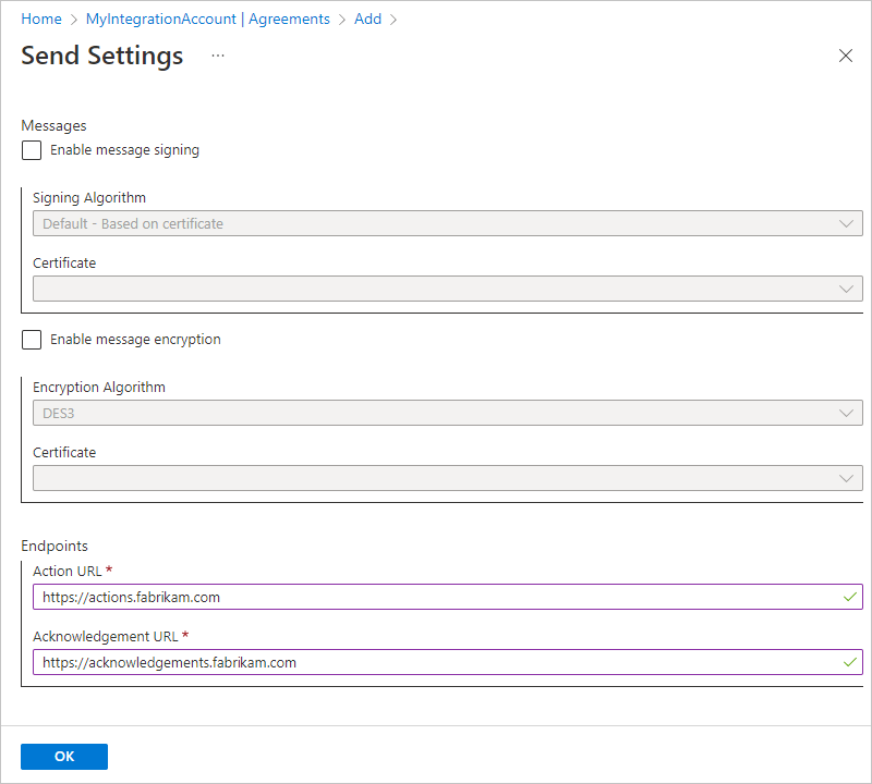 Screenshot shows the Send Settings page, with options for signing and encrypting messages and for entering algorithms, certificates, and endpoints.