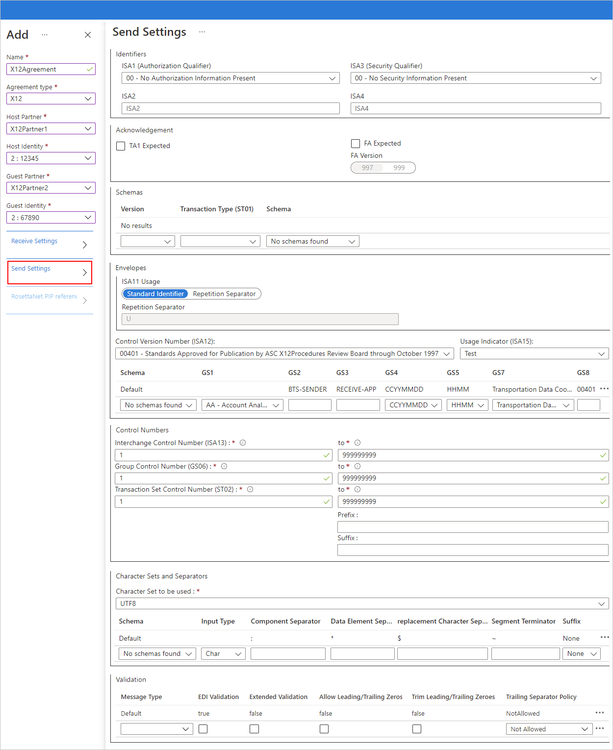 Screenshot showing Azure portal and X12 agreement settings for outbound messages.