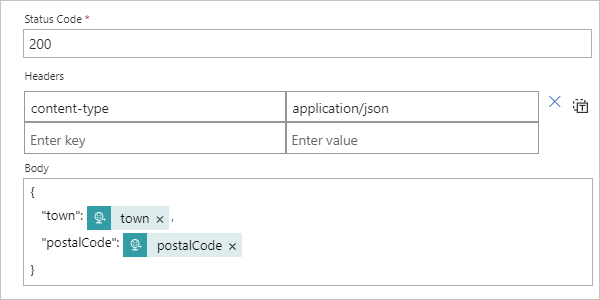 Screenshot shows Response action and response content type.