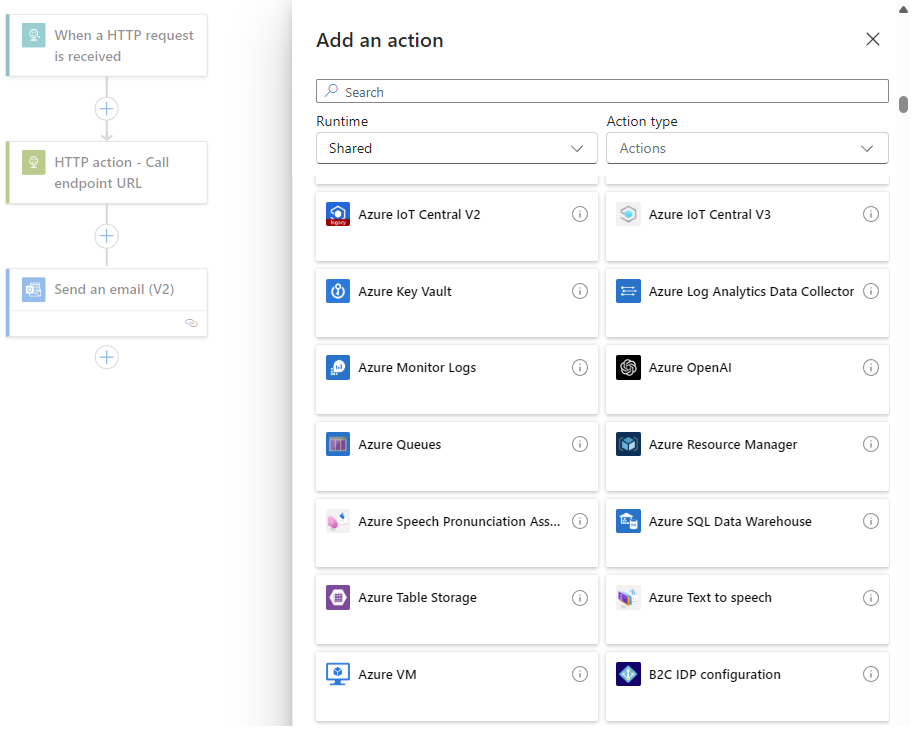 Screenshot shows Azure portal and workflow designer.