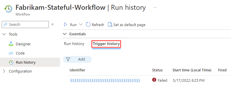 Screenshot shows Azure portal, Standard workflow, and Overview page with selected tab named Trigger history.