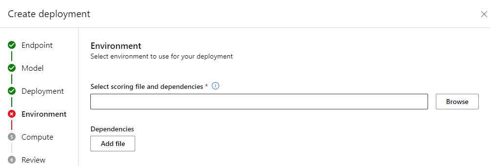 Screenshot of the step where you can configure the scoring script in a new deployment.