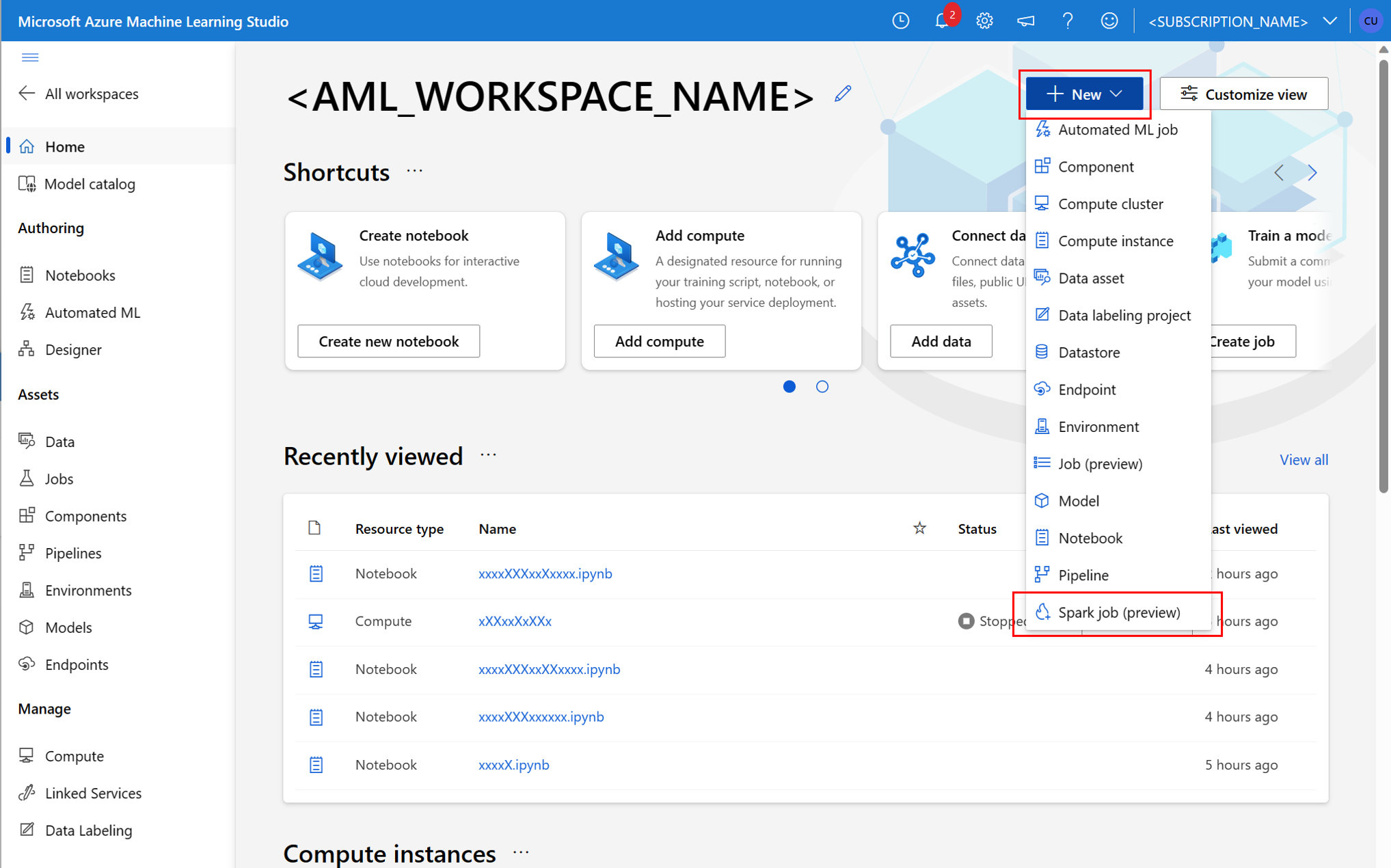 Screenshot showing creation of a new Spark job in Azure Machine Learning studio UI.