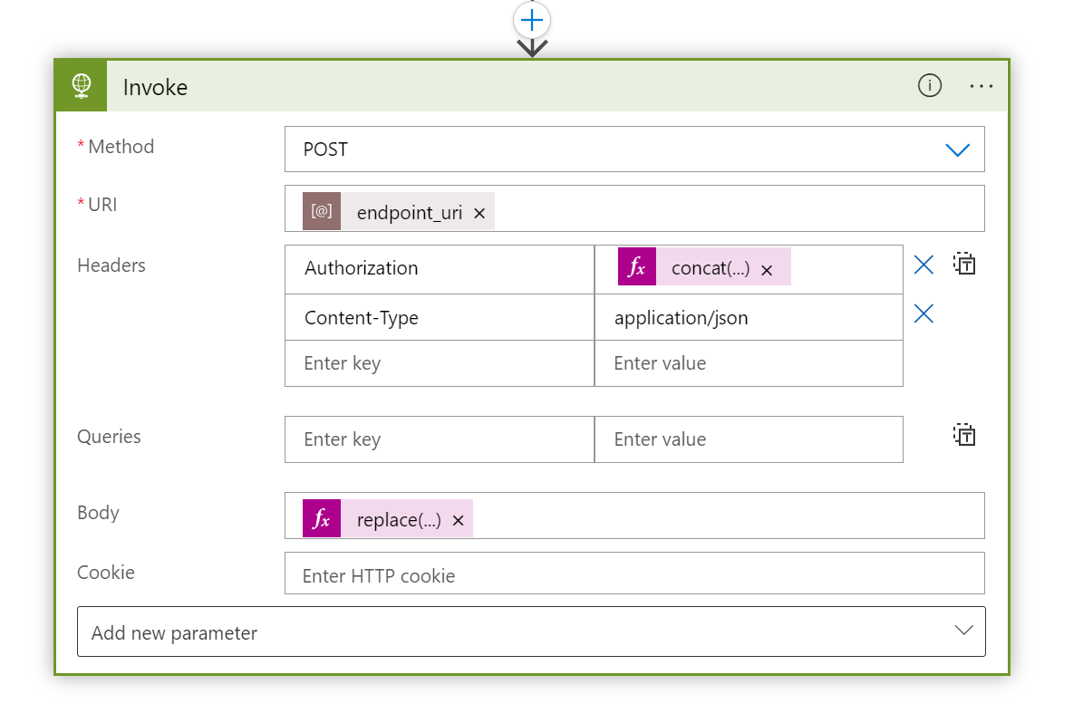 Screenshot shows sample Invoke action in the logic app workflow.