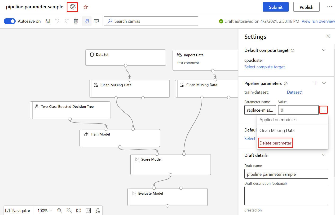 Screenshot that shows the current pipeline parameter applied to a component