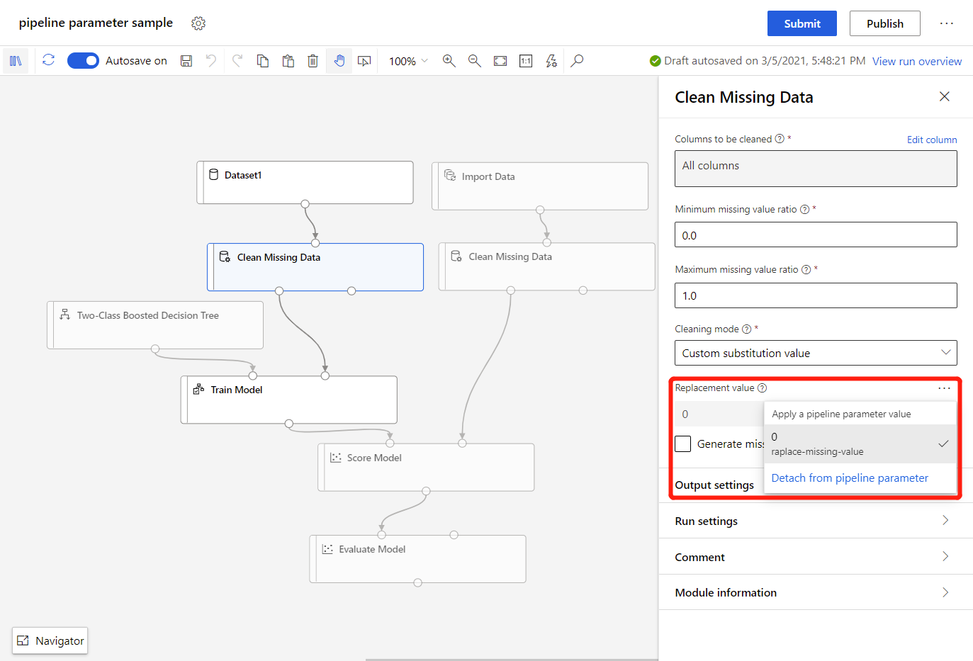 Screenshot that shows non-actionable after attaching to pipeline parameter