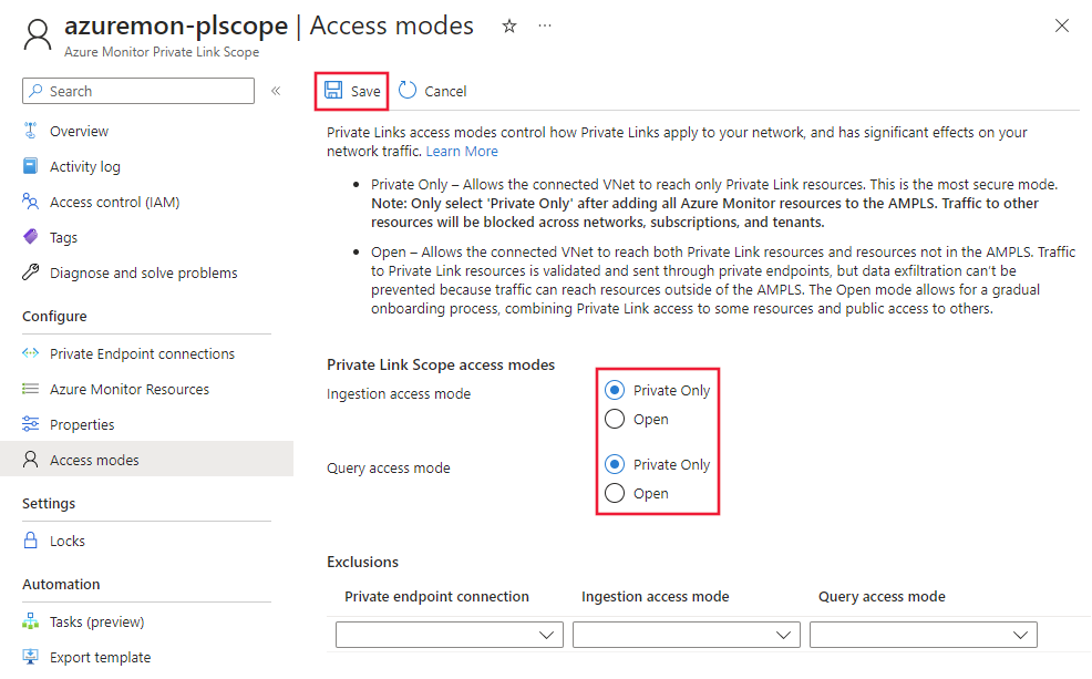 Screenshot of the private link scope access modes.