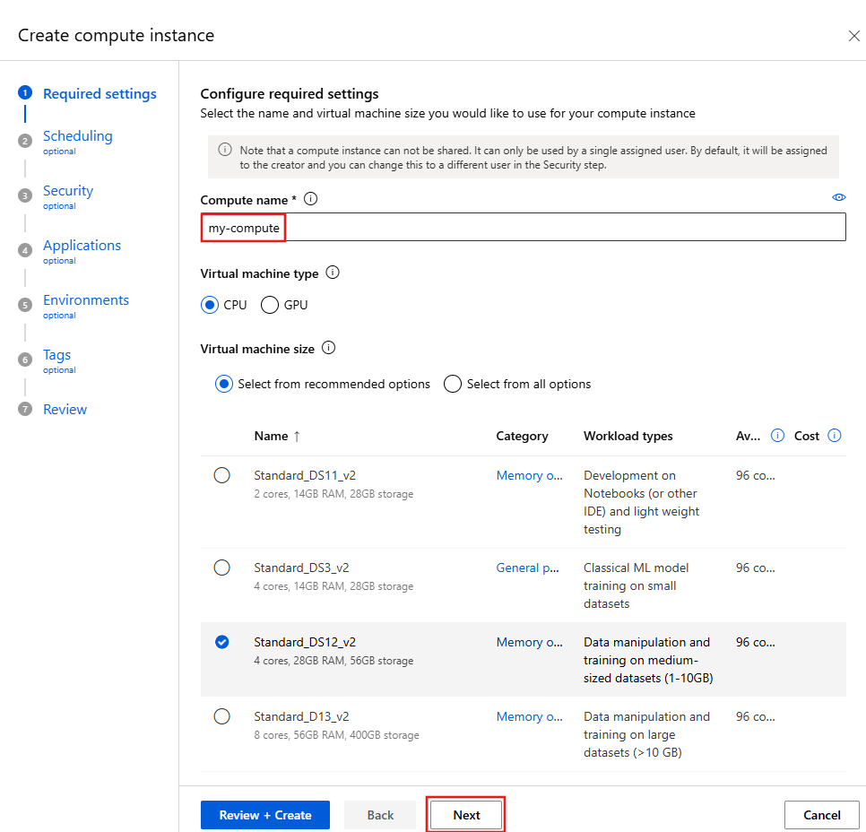 Screenshot of compute instance virtual machine configuration.