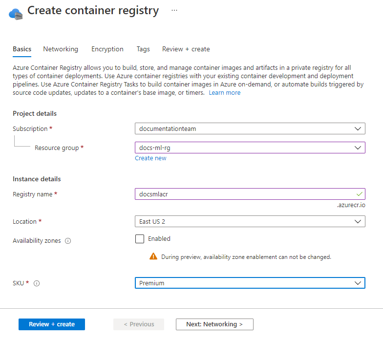 Screenshot of the basics form when creating a container registry.