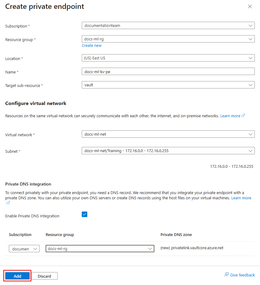 Screenshot of the key vault private endpoint configuration form.