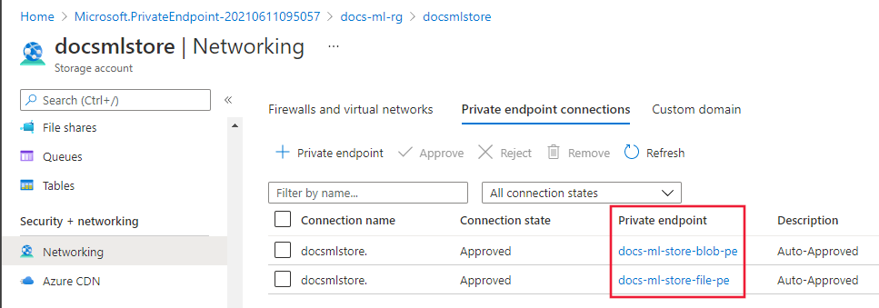 Screenshot of the endpoint links in the private endpoint column.