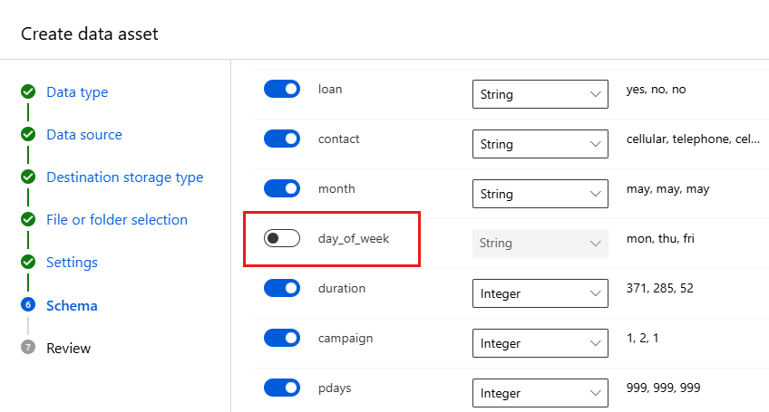 Screenshot shows the Schema form where you can exlcued columns from your data.