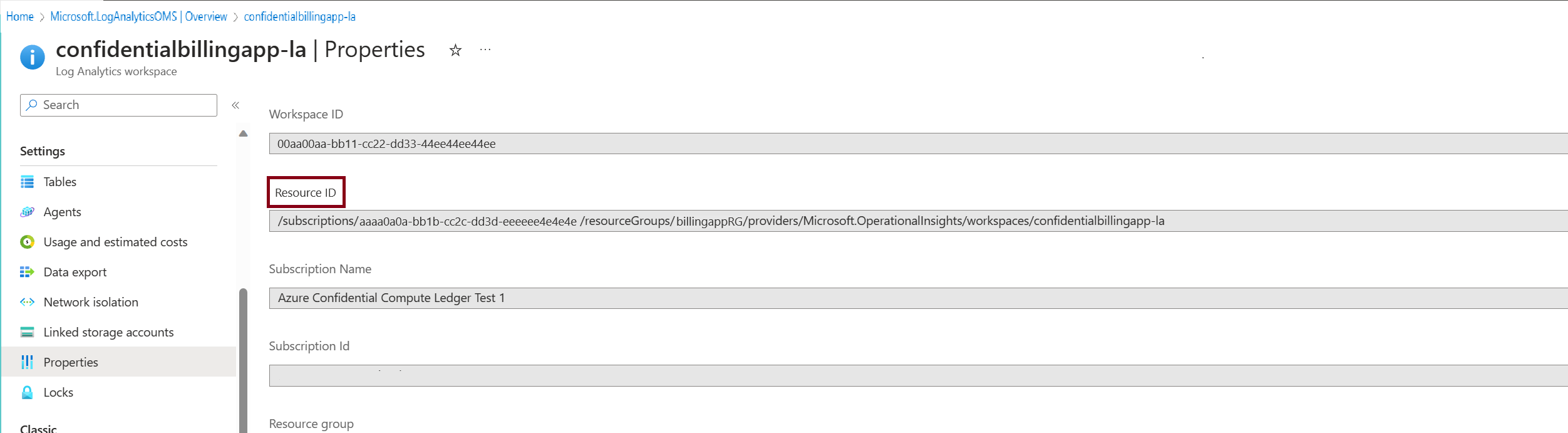 Screenshot that shows the properties of a Log Analytics workspace screen.