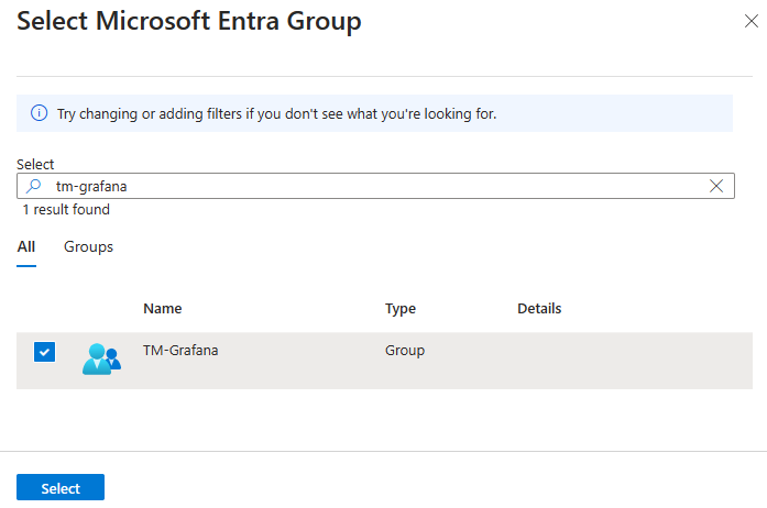 Screenshot of the Azure portal. Finding and selecting a Microsoft Entra group.