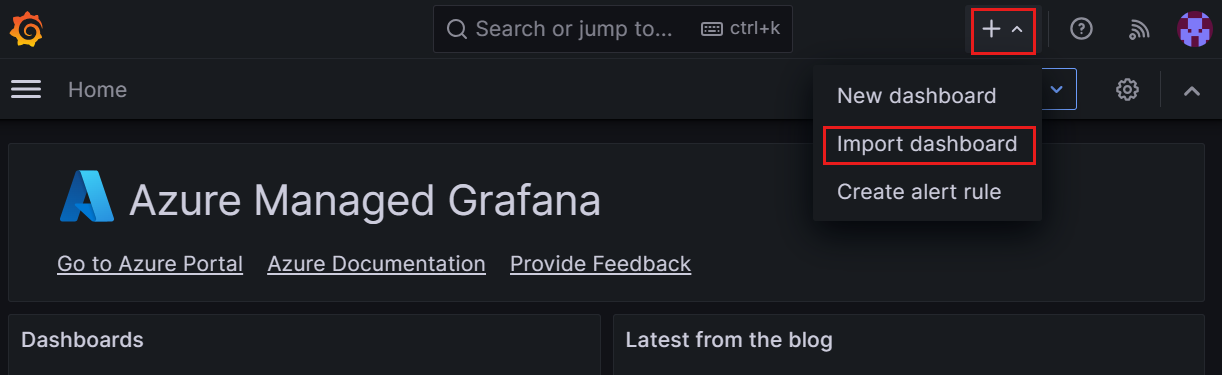 Screenshot of the Grafana UI in the Azure Managed Grafana workspace. The image shows the + and Import dashboard buttons at the top of the page.